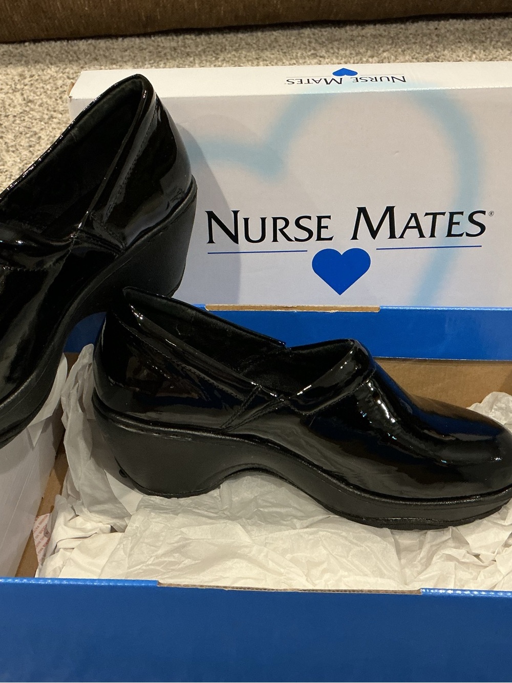 Nurse Mates Black Patent Slip-On Clog with Cushioned Platform